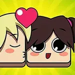 Două personaje animate stilizate, un băiat blond și o fată brunetă, alături de o inimă roșie pe un fundal galben