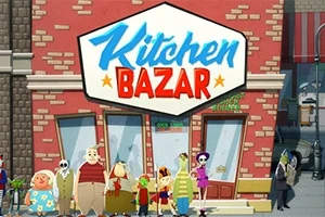 Personaje animate variate stau în fața unui magazin cu numele Kitchen Bazar pe un fundal urban