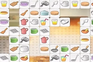 Piese de puzzle cu imagini de obiecte de bucătărie, cum ar fi cești, ceainice și felii de pâine, aranjate pe un fundal neclar