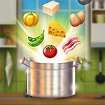 Ingrediente precum ardei galben, brânză, roșie, mazăre, bacon și cartofi levitează deasupra unei oale într-o bucătărie