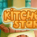 Textul Kitchen Star în litere mari portocalii pe un fundal de bucătărie animată