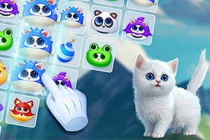 O pisică albă cu ochi albaștri stă lângă un ecran cu animale colorate într-un joc de puzzle, în timp ce o mână virtuală interacționează cu ele