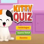 Pisicuță desenată cu urechi portocalii și negre, însoțită de textul Kitty Quiz și trei butoane colorate: Turkish Angora, Japanese Bobtail, și Abyssinian