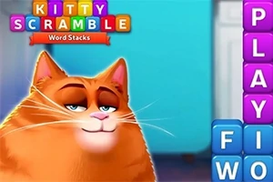 Un motan portocaliu zâmbește lângă un grup de litere colorate stivuite vertical