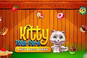 Un pui de pisică gri drăguț stă în fața unui gard de lemn, înconjurat de diverse obiecte colorate precum fructe și prăjituri, iar titlul Kitty Take-Care New Born Baby este afișat pe centru