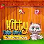 Un pui de pisică gri drăguț stă în fața unui gard de lemn, înconjurat de diverse obiecte colorate precum fructe și prăjituri, iar titlul Kitty Take-Care New Born Baby este afișat pe centru