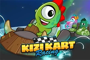 Un personaj verde într-un kart de lemn conduce pe un fundal albastru cu titlul Kizi Kart Racing în partea de jos