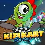 Un personaj verde într-un kart de lemn conduce pe un fundal albastru cu titlul Kizi Kart Racing în partea de jos