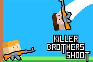 Două personaje pixelate cu păr portocaliu și maro ținând arme pe un fundal albastru, cu textul Killer Brothers Shoot