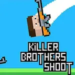 Două personaje pixelate cu păr portocaliu și maro ținând arme pe un fundal albastru, cu textul Killer Brothers Shoot