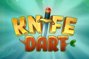Textul Knife Dart în culori vibrante, cu un cuțit încorporat în design, pe un fundal luminos