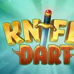 Textul Knife Dart în culori vibrante, cu un cuțit încorporat în design, pe un fundal luminos