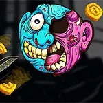 Un cap monstruos colorat în albastru și mov, cu un ochi lipsă și expresie comic, lângă un cuțit și câteva monede zburătoare, pe un fundal întunecat