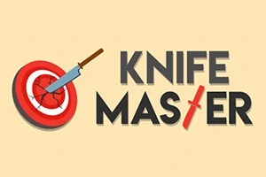 O țintă roșie cu un cuțit înfipt și textul „KNIFE MASTER” pe un fundal bej