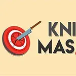 O țintă roșie cu un cuțit înfipt și textul „KNIFE MASTER” pe un fundal bej