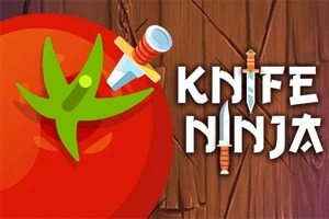 O roșie străpunsă de un cuțit pe un fundal de lemn, cu textul Knife Ninja alături