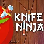 O roșie străpunsă de un cuțit pe un fundal de lemn, cu textul Knife Ninja alături