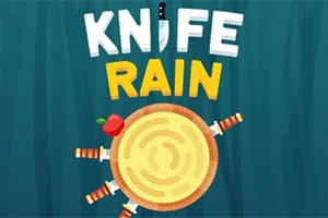 Textul Knife Rain deasupra unei ținte circulare din lemn, înconjurată de cuțite și un măr roșu