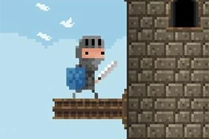 Un cavaler pixelat cu scut și sabie stă pe o platformă de lemn lângă un turn de piatră, pe fundalul unui cer albastru cu nori