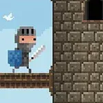 Un cavaler pixelat cu scut și sabie stă pe o platformă de lemn lângă un turn de piatră, pe fundalul unui cer albastru cu nori