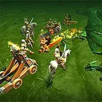 Cavaleri și un aruncător de pietre se luptă cu dragoni verzi pe un câmp verde