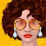 Femeie cu ochelari de soare mari, păr creț brunet și cercei cu pietre mari, pe un fundal galben texturat