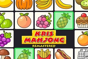 Imagini cu diverse fructe și alimente, inclusiv ananas, struguri, banane, portocale și un hot-dog, alături de textul Kris Mahjong Remastered