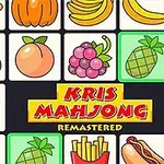 Imagini cu diverse fructe și alimente, inclusiv ananas, struguri, banane, portocale și un hot-dog, alături de textul Kris Mahjong Remastered