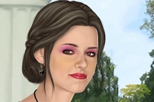 Femeie cu păr brunet aranjat, machiată cu fard de pleoape roz și ruj roșu, având ca fundal o coloană albă și vegetație