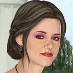 Femeie cu păr brunet aranjat, machiată cu fard de pleoape roz și ruj roșu, având ca fundal o coloană albă și vegetație