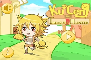Personaj anime cu păr blond și urechi de pisică, într-un peisaj colorat de desene animate, lângă un buton de redare