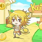 Personaj anime cu păr blond și urechi de pisică, într-un peisaj colorat de desene animate, lângă un buton de redare