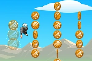 Personaj animat cu jetpack zboară printre coloane de monede aurii pe un fundal cu cer albastru și munți