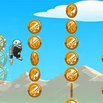 Personaj animat cu jetpack zboară printre coloane de monede aurii pe un fundal cu cer albastru și munți