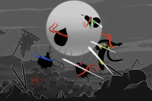 Siluete ninja cu eșarfe colorate se luptă într-un peisaj nocturn cu lună plină