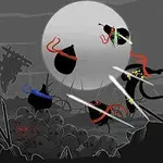 Siluete ninja cu eșarfe colorate se luptă într-un peisaj nocturn cu lună plină