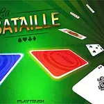 Cărți de joc împrăștiate pe un fundal verde cu două suprafețe colorate albastru și roșu, și textul La Bataille