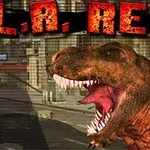 Un dinozaur T-Rex cu gura deschisă în oraș, cu textul „L