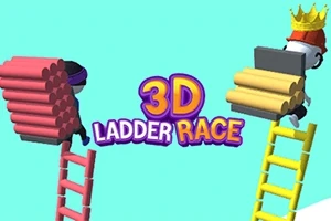 Două personaje în stil de desene animate urcă scări de culori diferite, purtând obiecte, cu textul „3D LADDER RACE” între ele