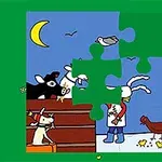 Puzzle cu animale de fermă, cu bucăți lipsă, pe un fundal verde