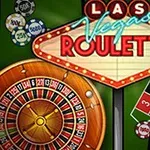 Semn luminos cu textul Las Vegas Roulette deasupra unei roți de ruletă și o masă de joc verde cu jetoane