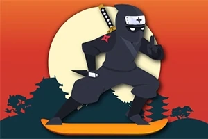 Un ninja pe o placă de surf cu un fundal de apus și o siluetă de peisaj cu temple și copaci
