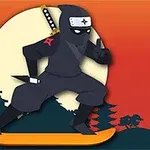 Un ninja pe o placă de surf cu un fundal de apus și o siluetă de peisaj cu temple și copaci
