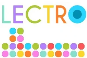Textul „LECTRO” colorat și rânduri de cercuri colorate sub el