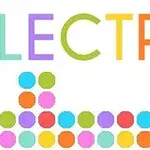 Textul „LECTRO” colorat și rânduri de cercuri colorate sub el