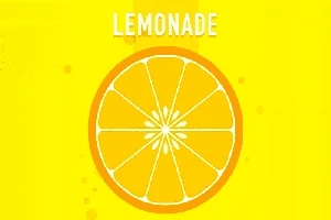 Felie de lămâie într-un design grafic pe fundal galben, cu textul LEMONADE deasupra