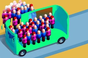 O mulțime de figuri stilizate îmbrăcate în albastru și mov umple un autobuz verde pe drum