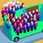 O mulțime de figuri stilizate îmbrăcate în albastru și mov umple un autobuz verde pe drum