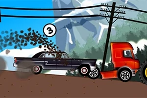 Mașină neagră și camion roșu pe un drum sub linii electrice, cu un munte în fundal