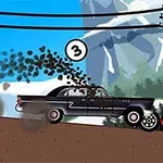 Mașină neagră și camion roșu pe un drum sub linii electrice, cu un munte în fundal